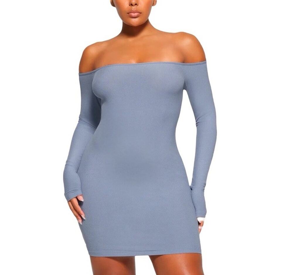 Skims Soft Lounge Off The Shoulder Slate Blue Mini Dress Bodycon Size Medium
